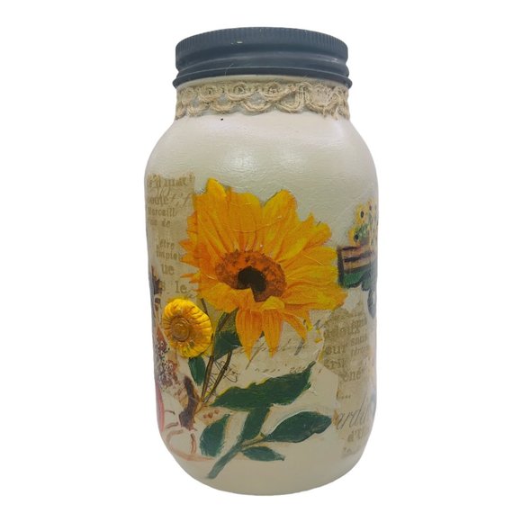 Farmhouse Hand Painted, Decoupaged and Clay Molded Mason Jar 3D - Picture 6 of 11